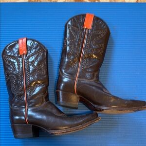 Women Brown Leather Cowboy Boots with Orange Accents